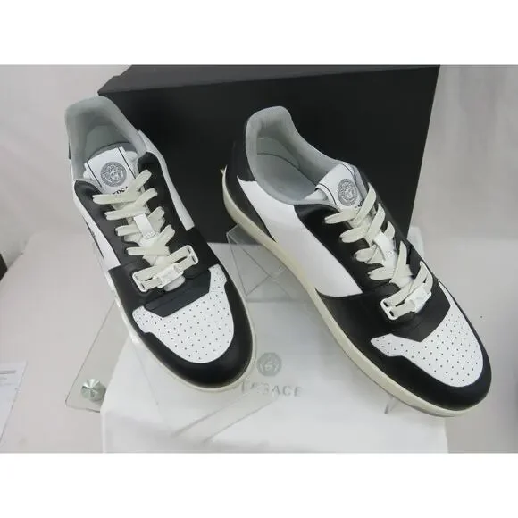 NIB VERSACE BLACK WHITE LEATHER MEDUSA HEAD LOW TOP SNEAKERS US 14 EUR 47 ITALY